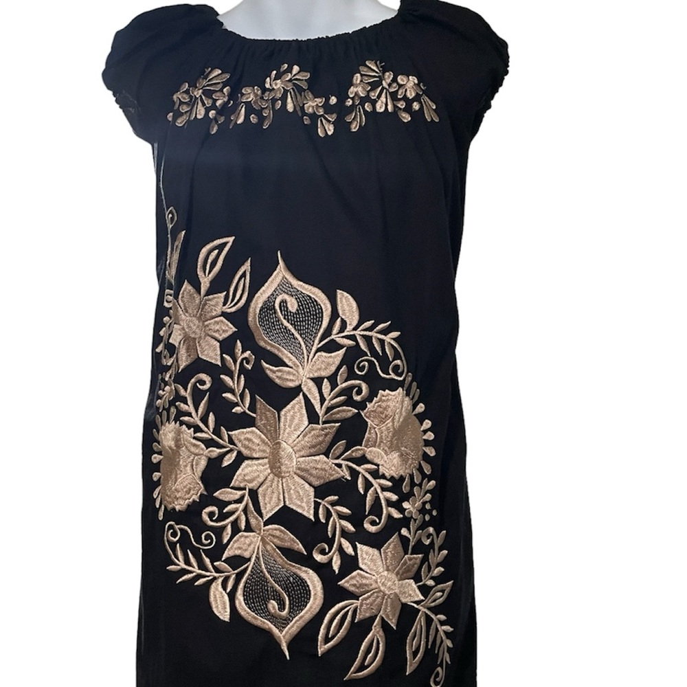 Vintage Black Shift Dress with Gold Embroidery Medium